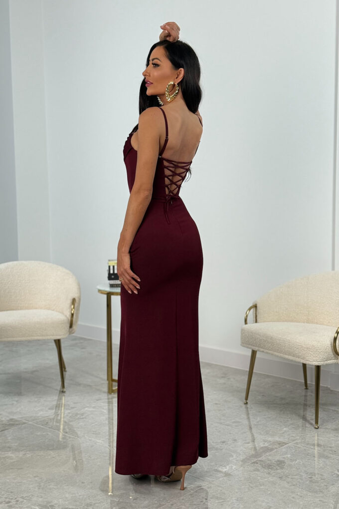 ROCHEL – bordowa gorsetowa sukienka maxi o kroju syrenki
