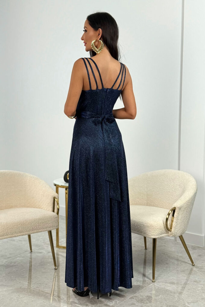 MARINA Disco - granatowa błyszcząca sukienka wieczorowa maxi