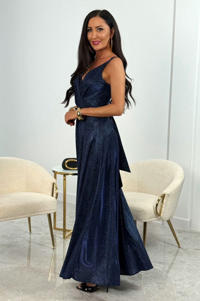 MARINA Disco - granatowa błyszcząca sukienka wieczorowa maxi