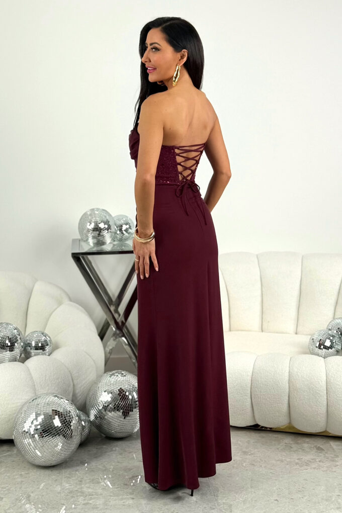 KIRA - bordowa gorsetowa sukienka maxi o kroju rybki