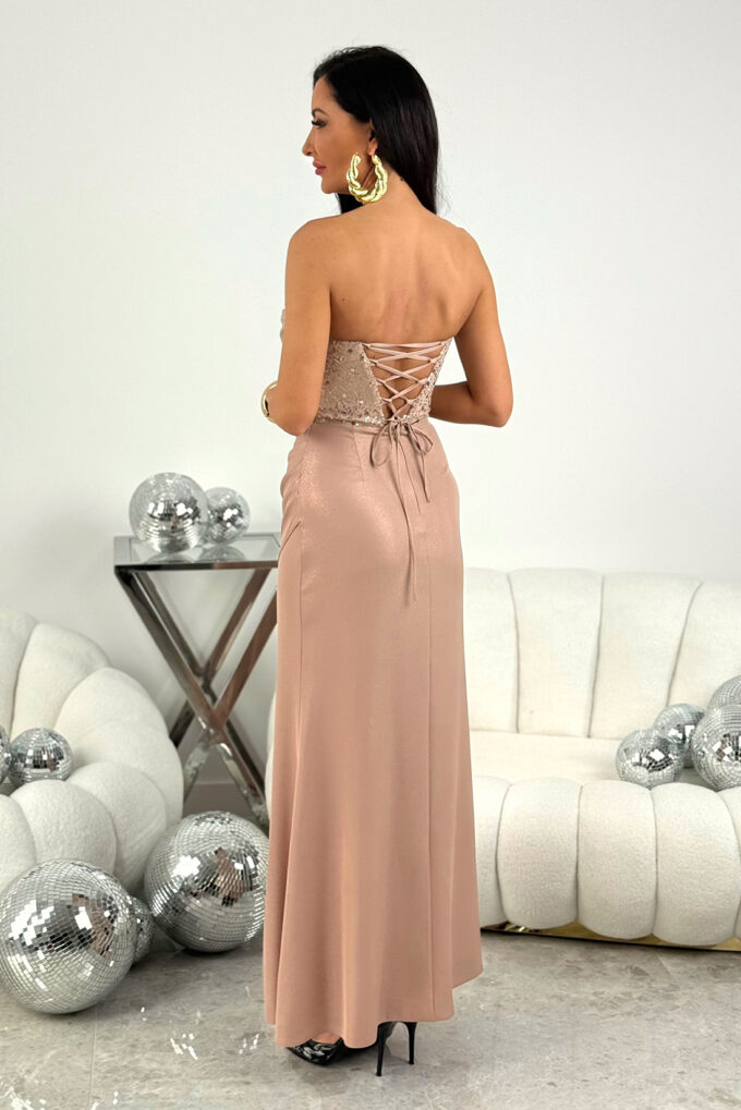 KIRA Błysk - złota gorsetowa sukienka maxi o kroju rybki