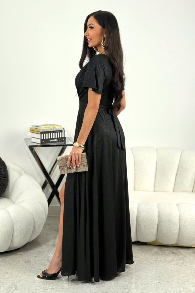 BELLA - czarna brokatowa sukienka maxi z rękawkami