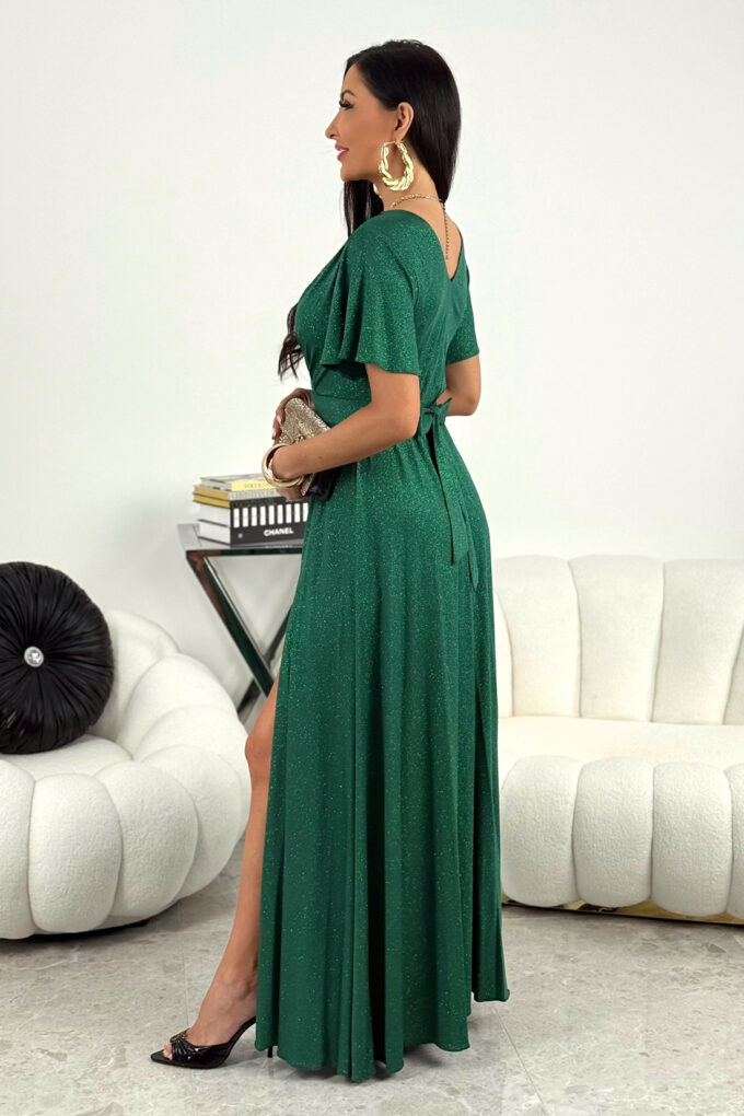 BELLA - butelkowa zieleń brokatowa sukienka maxi z rękawkami