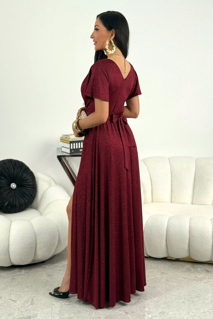 BELLA - bordowa brokatowa sukienka maxi z rękawkami