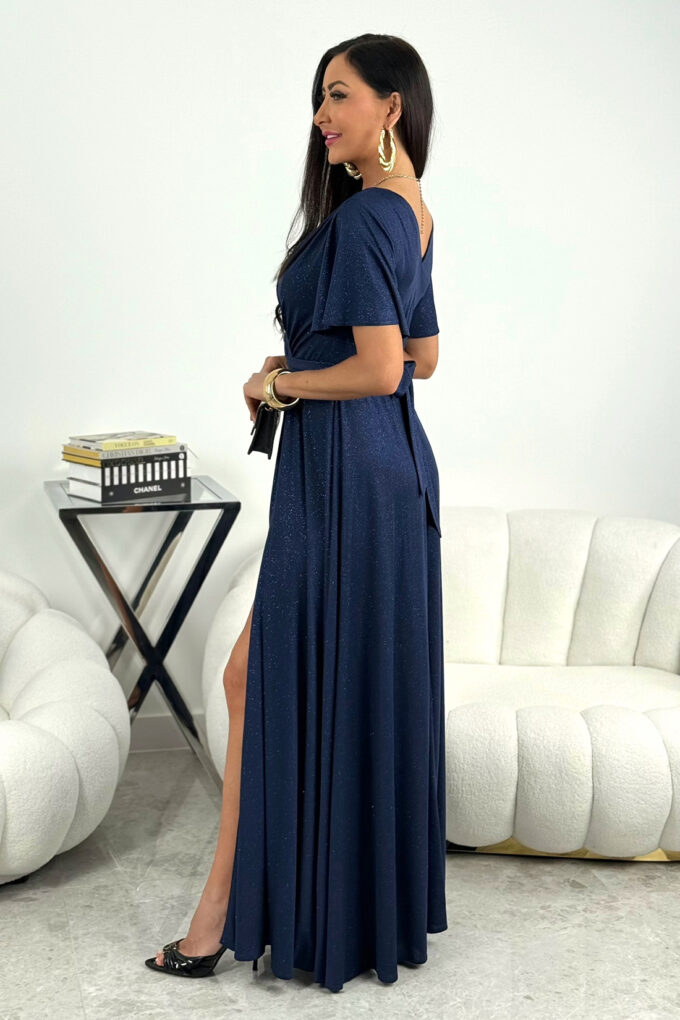 BELLA - granatowa brokatowa sukienka maxi z rękawkami