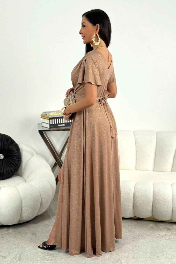 BELLA - cappuccino brokatowa sukienka maxi z rękawkami