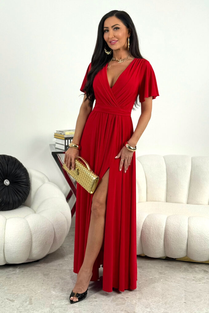 BELLA - czerwona dzianinowa sukienka maxi z rękawkami