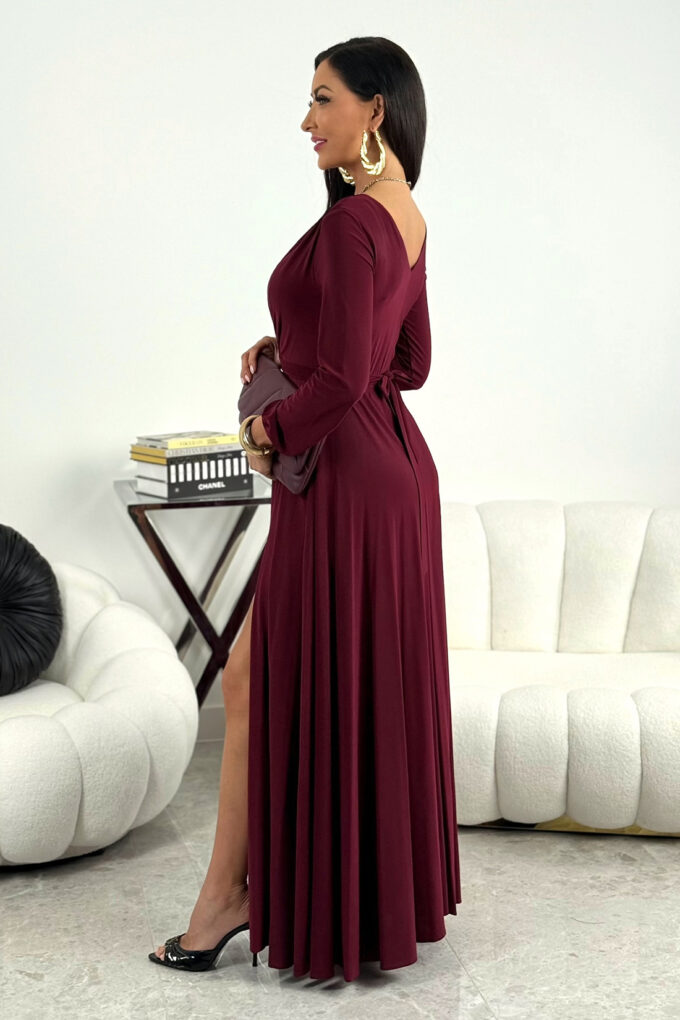 SALMA - bordowa gładka sukienka maxi z rękawem