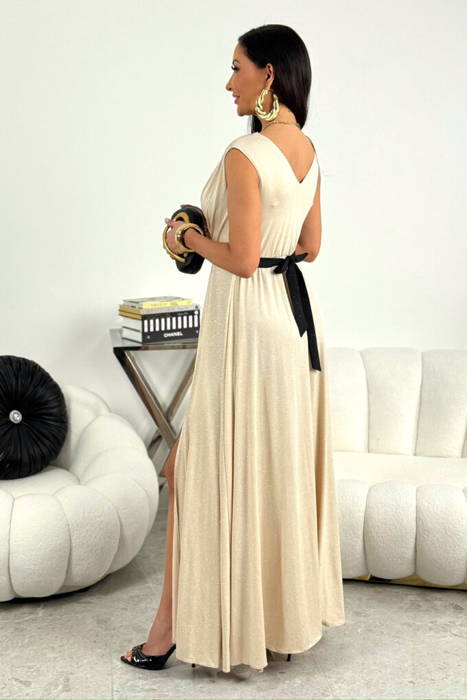 SALMA - ecru brokatowa sukienka maxi na ramiączkach