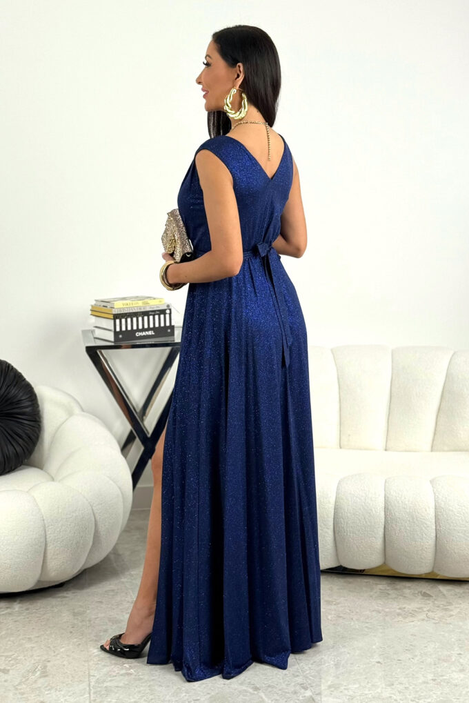 SALMA - granatowa brokatowa sukienka maxi na ramiączkach