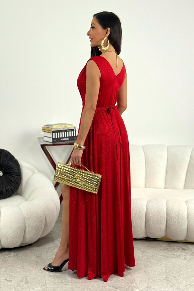 SALMA - czerwona brokatowa sukienka maxi na ramiączkach