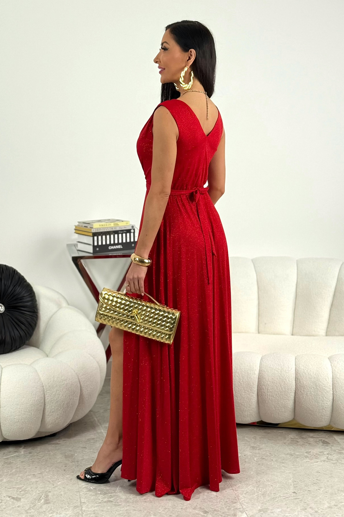 SALMA - czerwona brokatowa sukienka maxi na ramiączkach