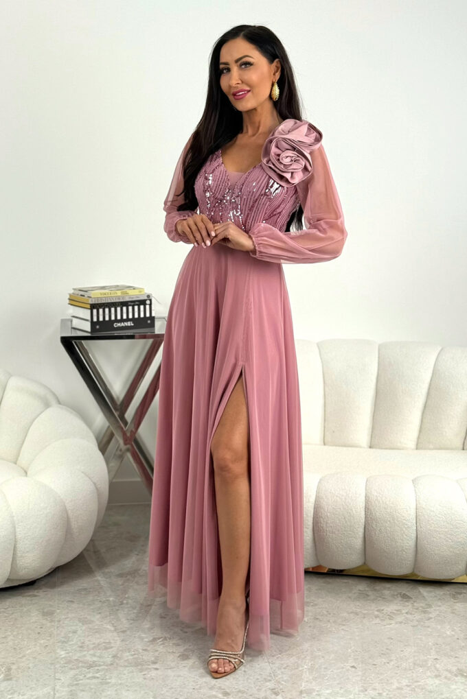 STELLA – różowa tiulowa sukienka maxi z cekinami