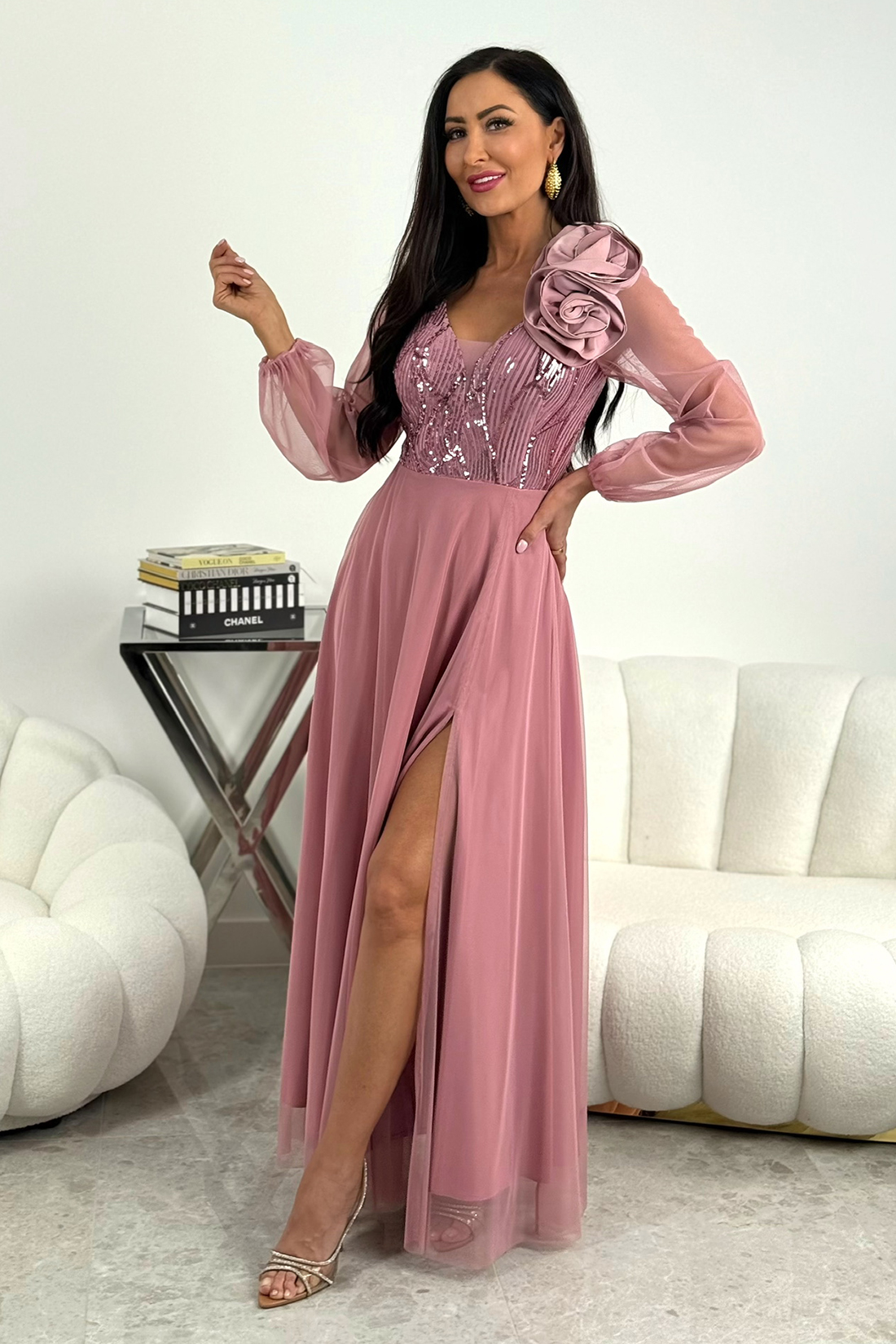 STELLA – różowa tiulowa sukienka maxi z cekinami