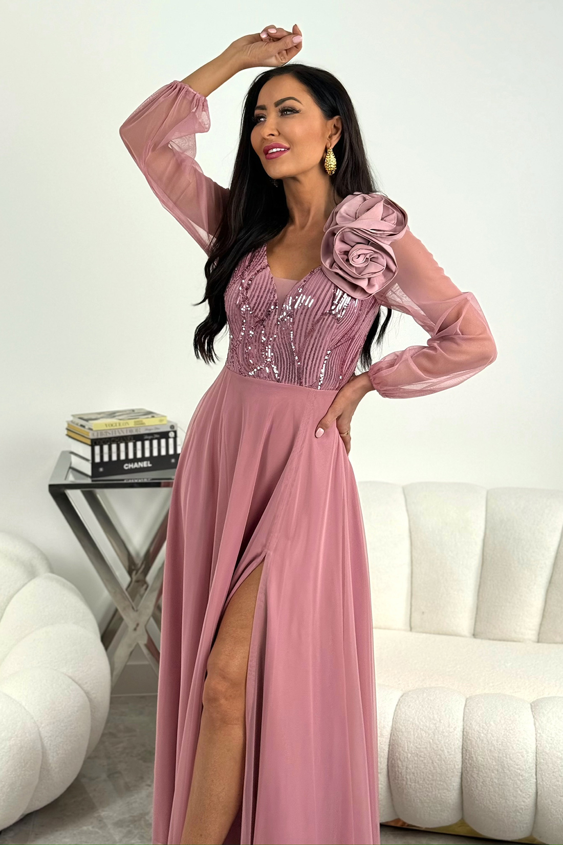 STELLA – różowa tiulowa sukienka maxi z cekinami