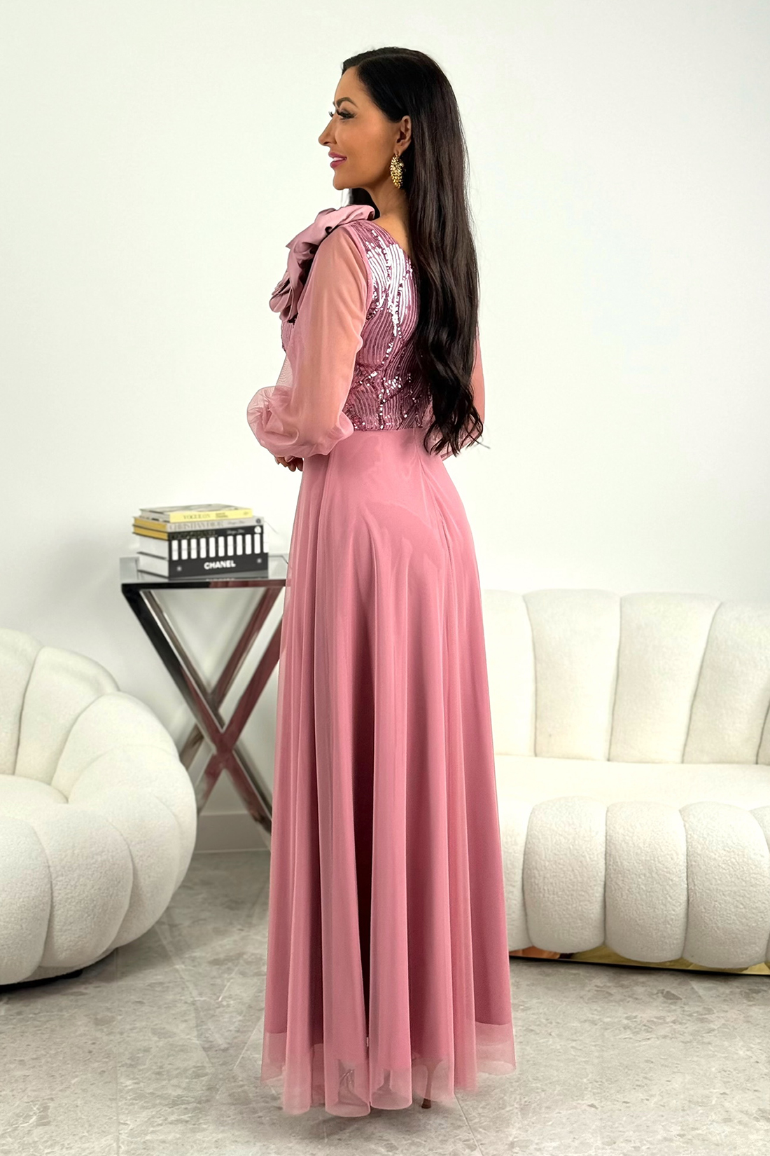 STELLA – różowa tiulowa sukienka maxi z cekinami