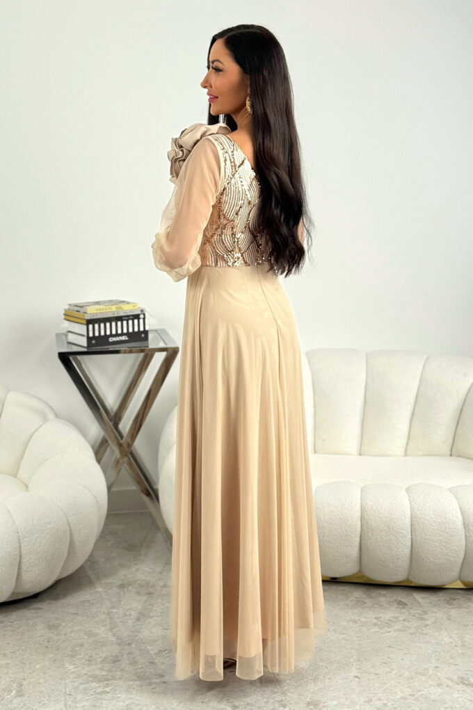STELLA – beżowa tiulowa sukienka maxi z cekinami