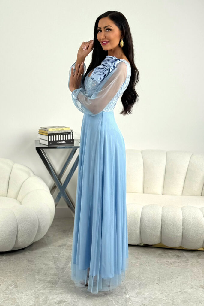 STELLA - błękitna tiulowa sukienka maxi z cekinami