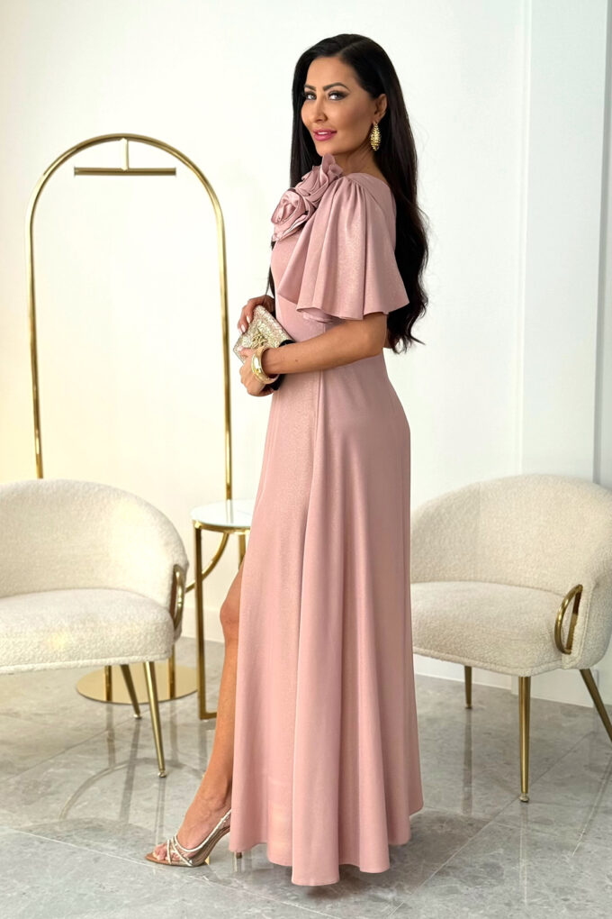 LIWIA - różowa błyszcząca sukienka maxi z rękawkiem