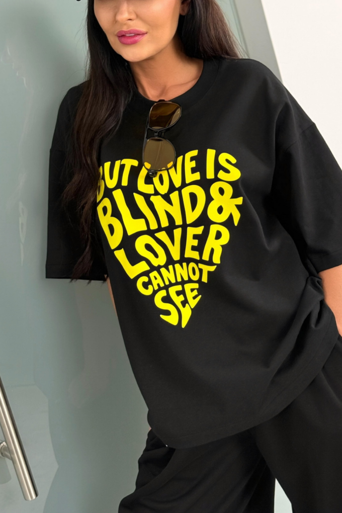 BLIND – czarny t-shirt damski oversize z żółtym nadrukiem