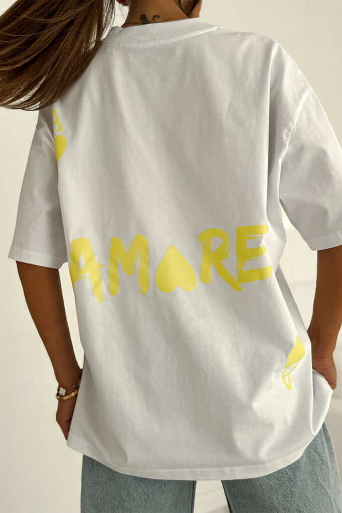 AMORE – biały t-shirt damski oversize z żółtym nadrukiem