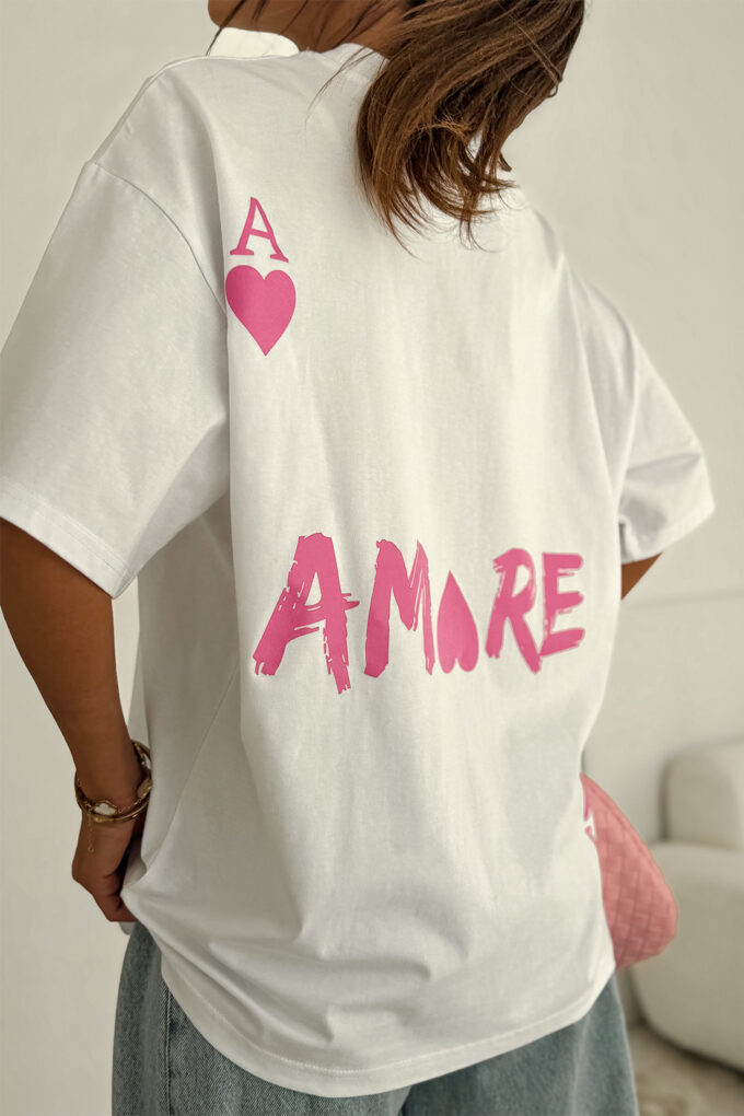 AMORE – biały t-shirt damski oversize z różowym nadrukiem