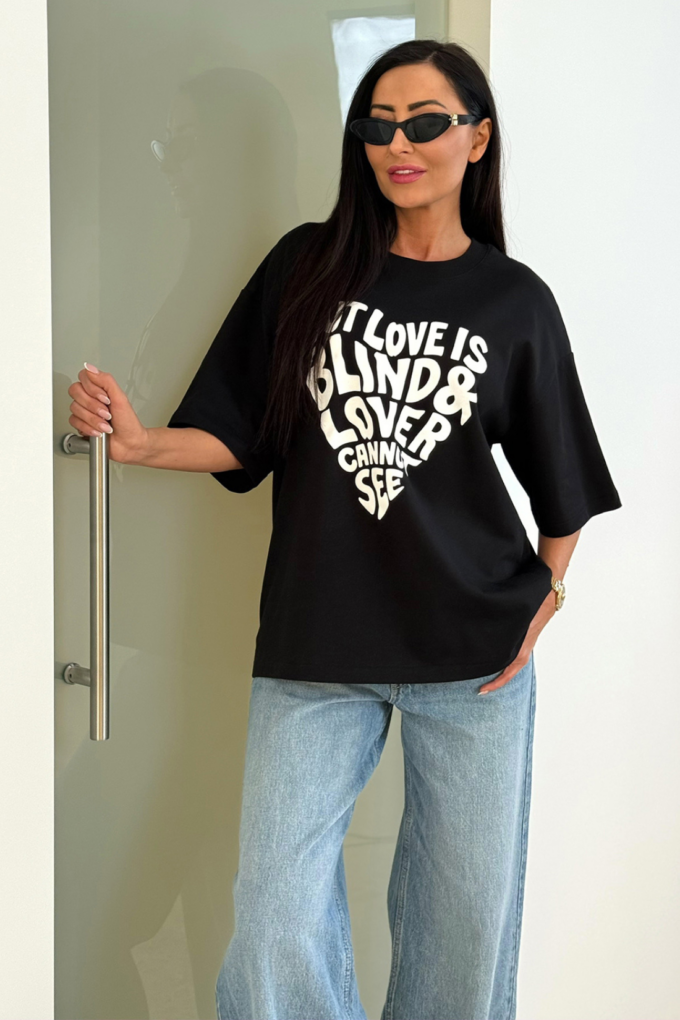 BLIND – czarny t-shirt damski oversize z białym nadrukiem