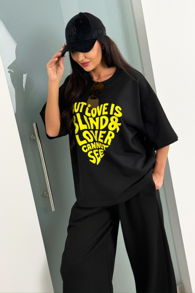 BLIND – czarny t-shirt damski oversize z żółtym nadrukiem