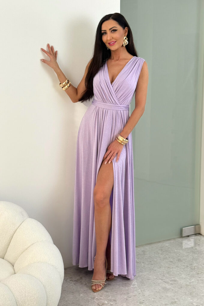 SALMA - jasno fioletowa brokatowa sukienka maxi na ramiączkach