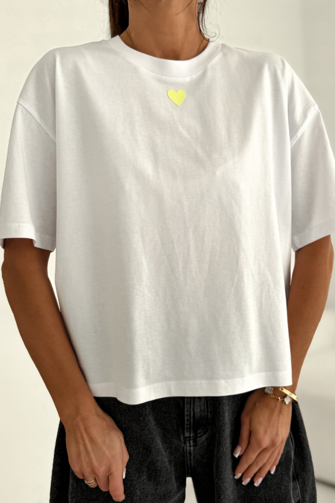 HEART – biały t-shirt damski z żółtym nadrukiem