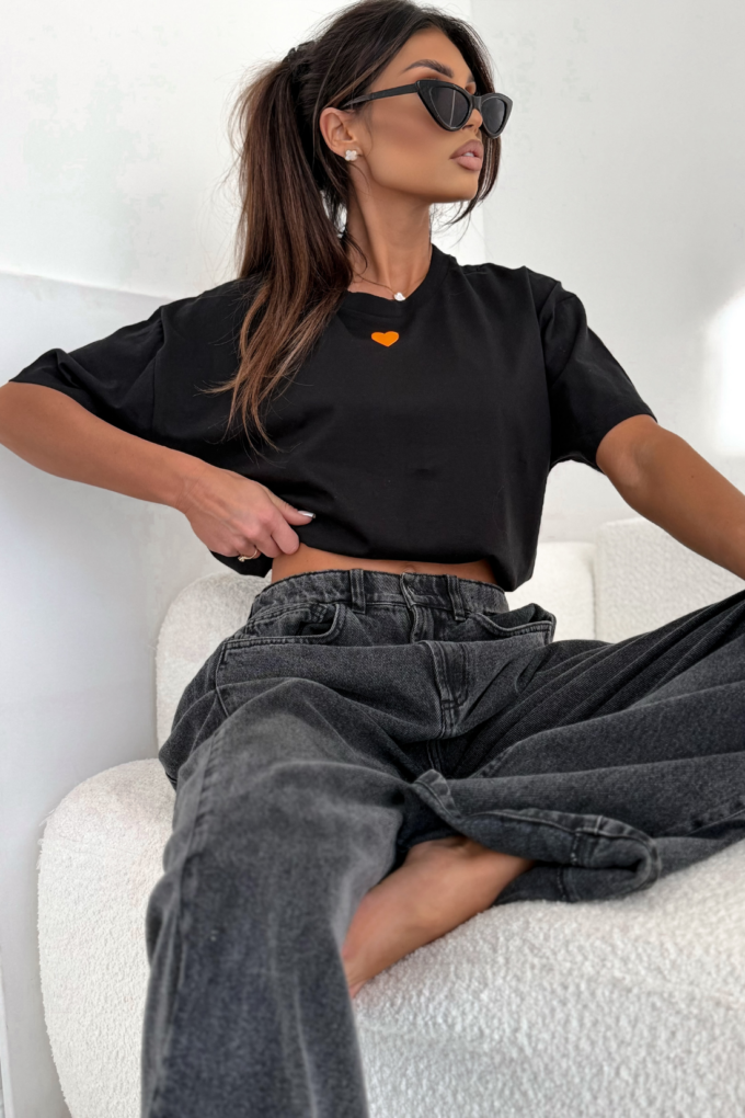 HEART – czarny t-shirt damski z pomarańczowym nadrukiem
