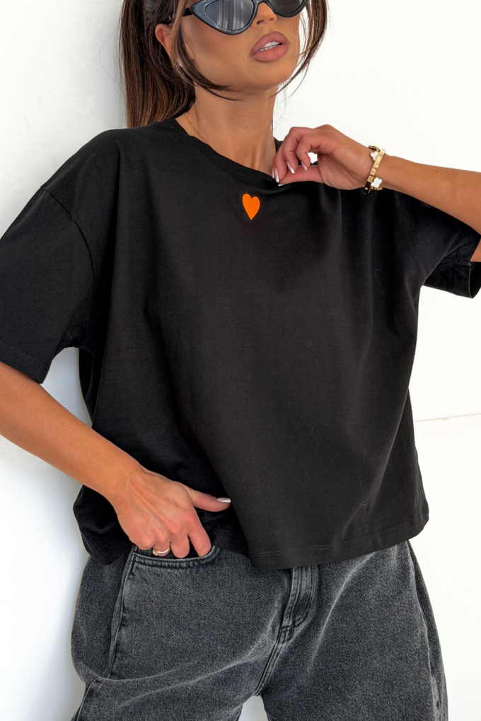 HEART – czarny t-shirt damski z pomarańczowym nadrukiem
