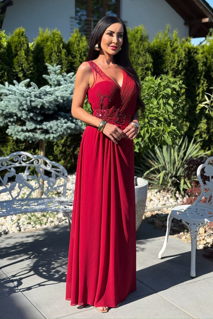 BH5391 - bordowa sukienka maxi plus size zdobiona aplikacją