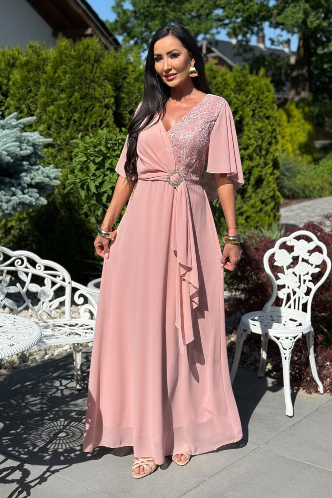 BH661 - pudrowy róż sukienka maxi z gipiurą plus size