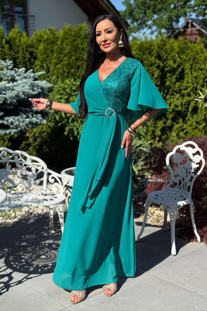 BH661 - szałwiowa sukienka maxi z gipiurą plus size