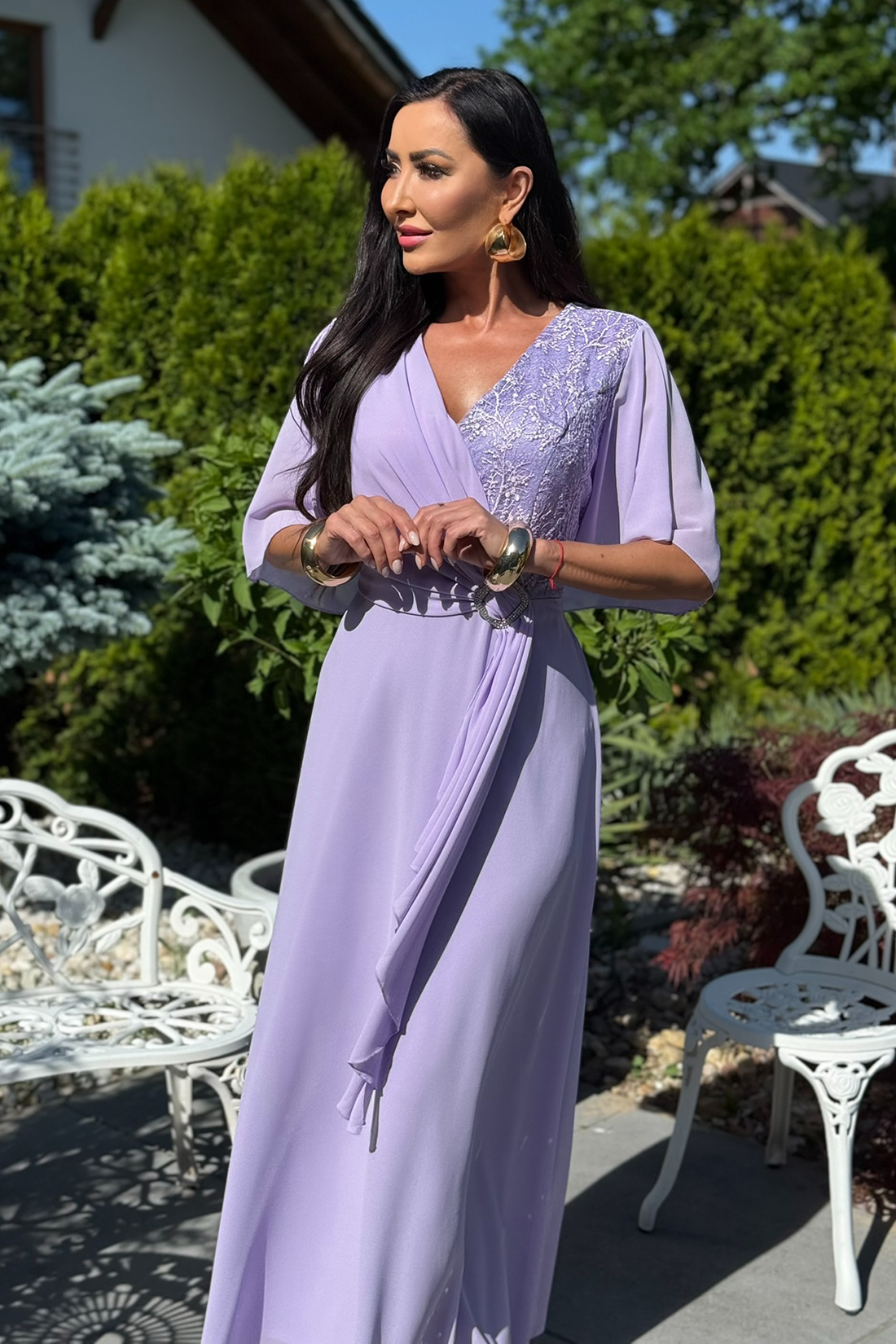 BH661 - jasno fioletowa sukienka maxi z gipiurą plus size - obrazek 3