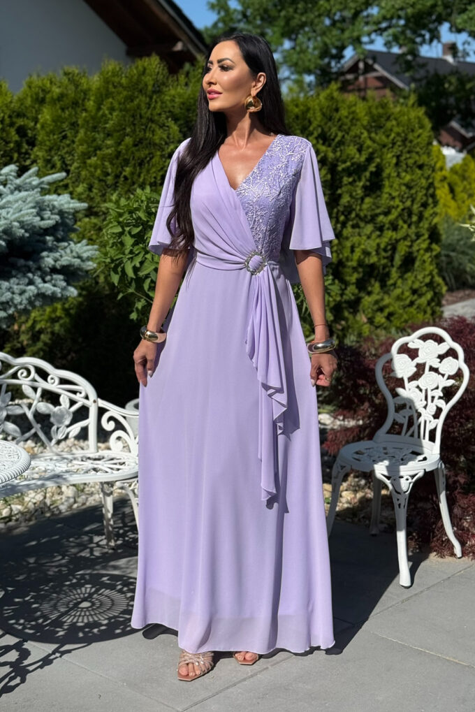 BH661 - jasno fioletowa sukienka maxi z gipiurą plus size
