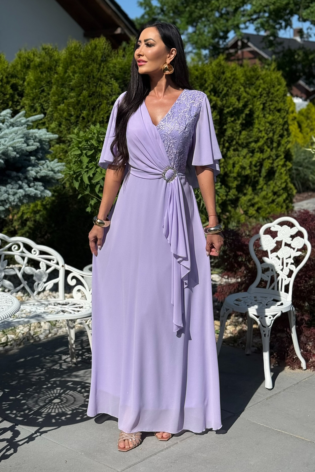 BH661 - jasno fioletowa sukienka maxi z gipiurą plus size