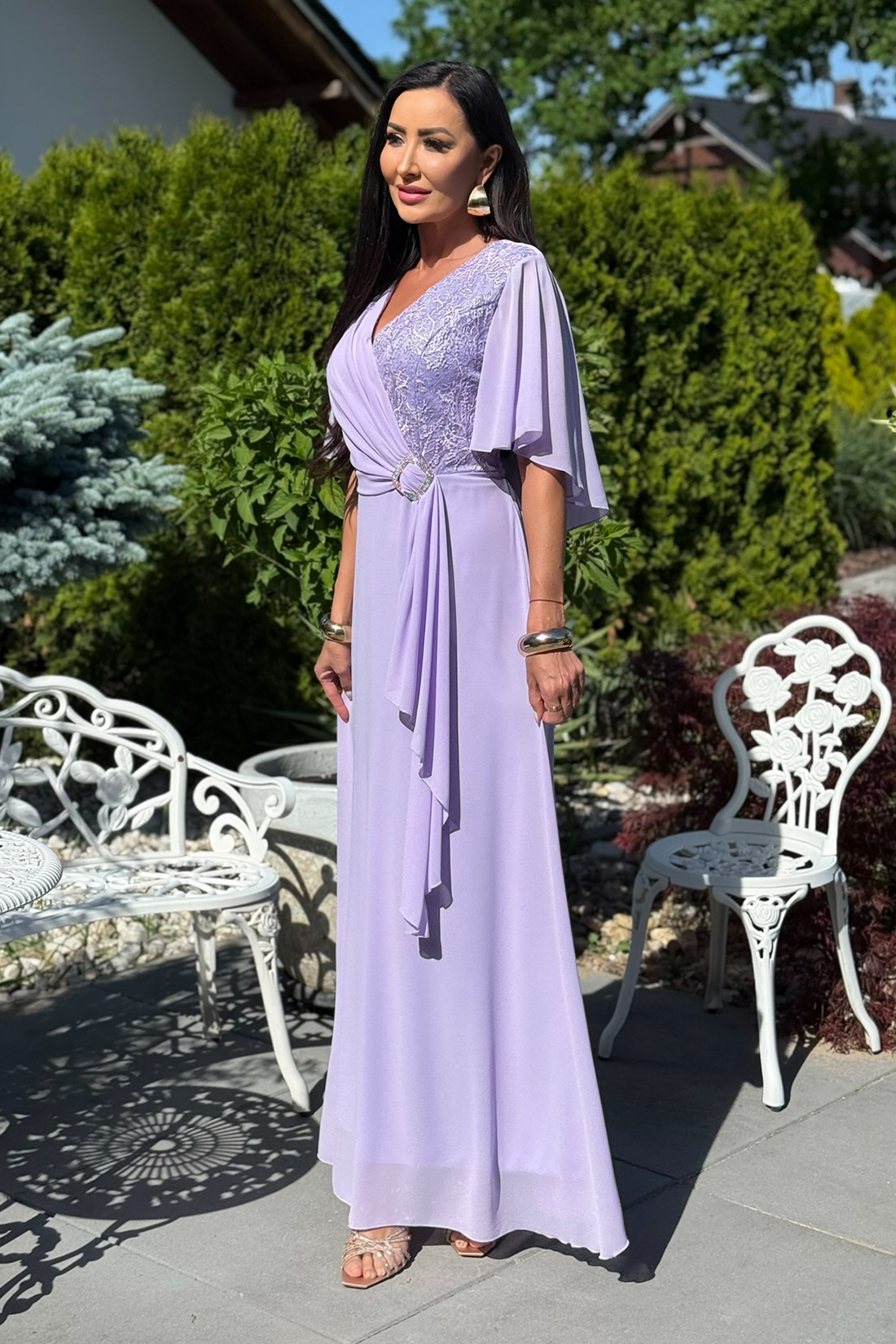 BH661 - jasno fioletowa sukienka maxi z gipiurą plus size - obrazek 2