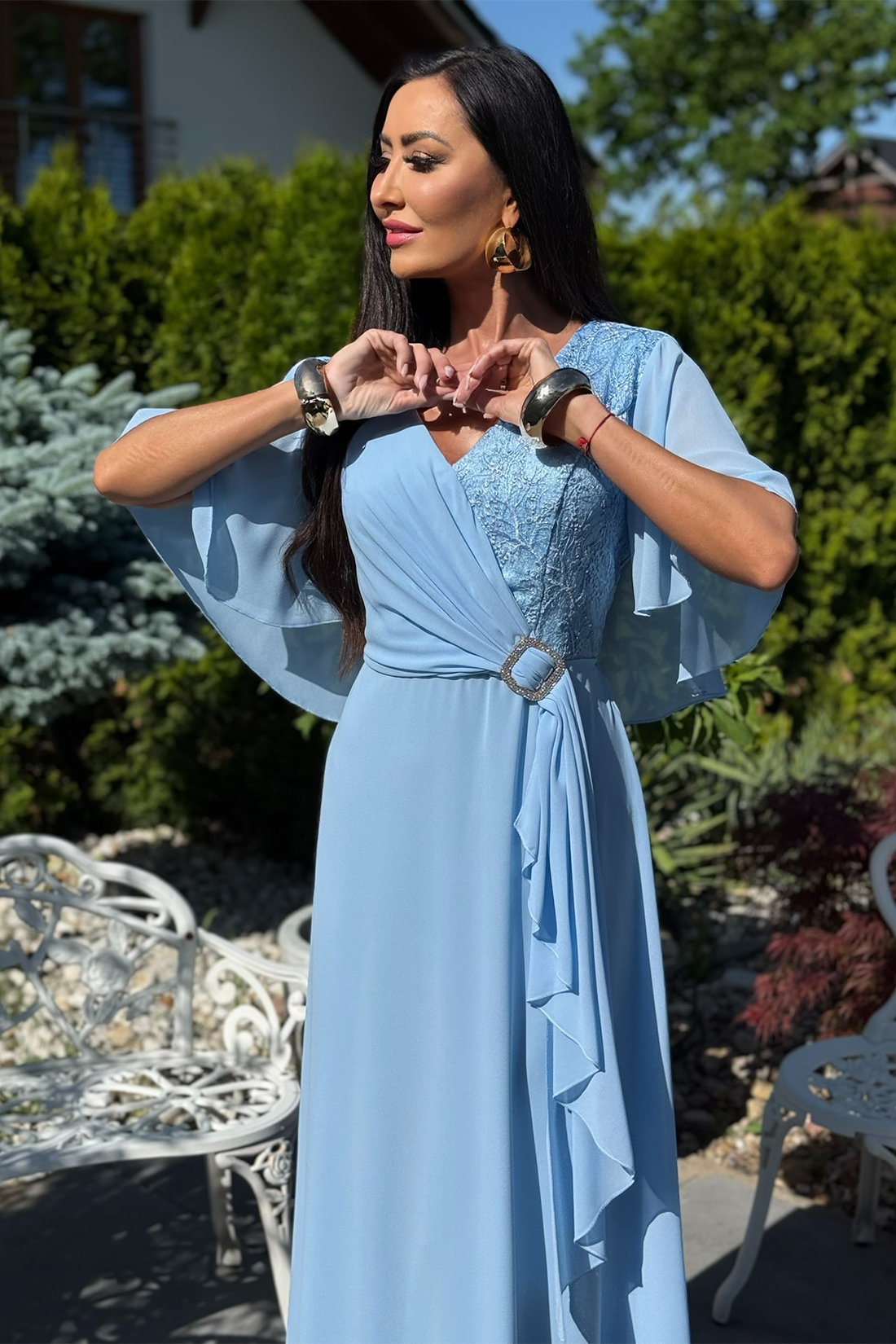 BH661 - błękitna sukienka maxi z gipiurą plus size - obrazek 3
