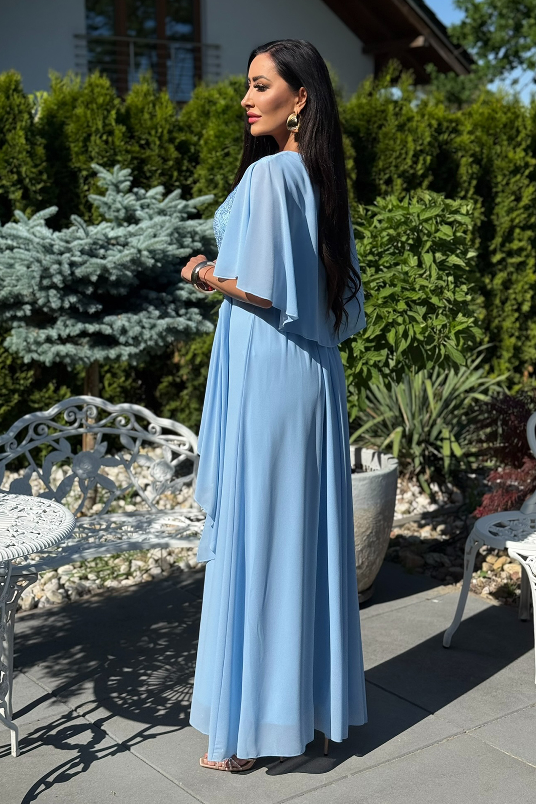 BH661 - błękitna sukienka maxi z gipiurą plus size - obrazek 2